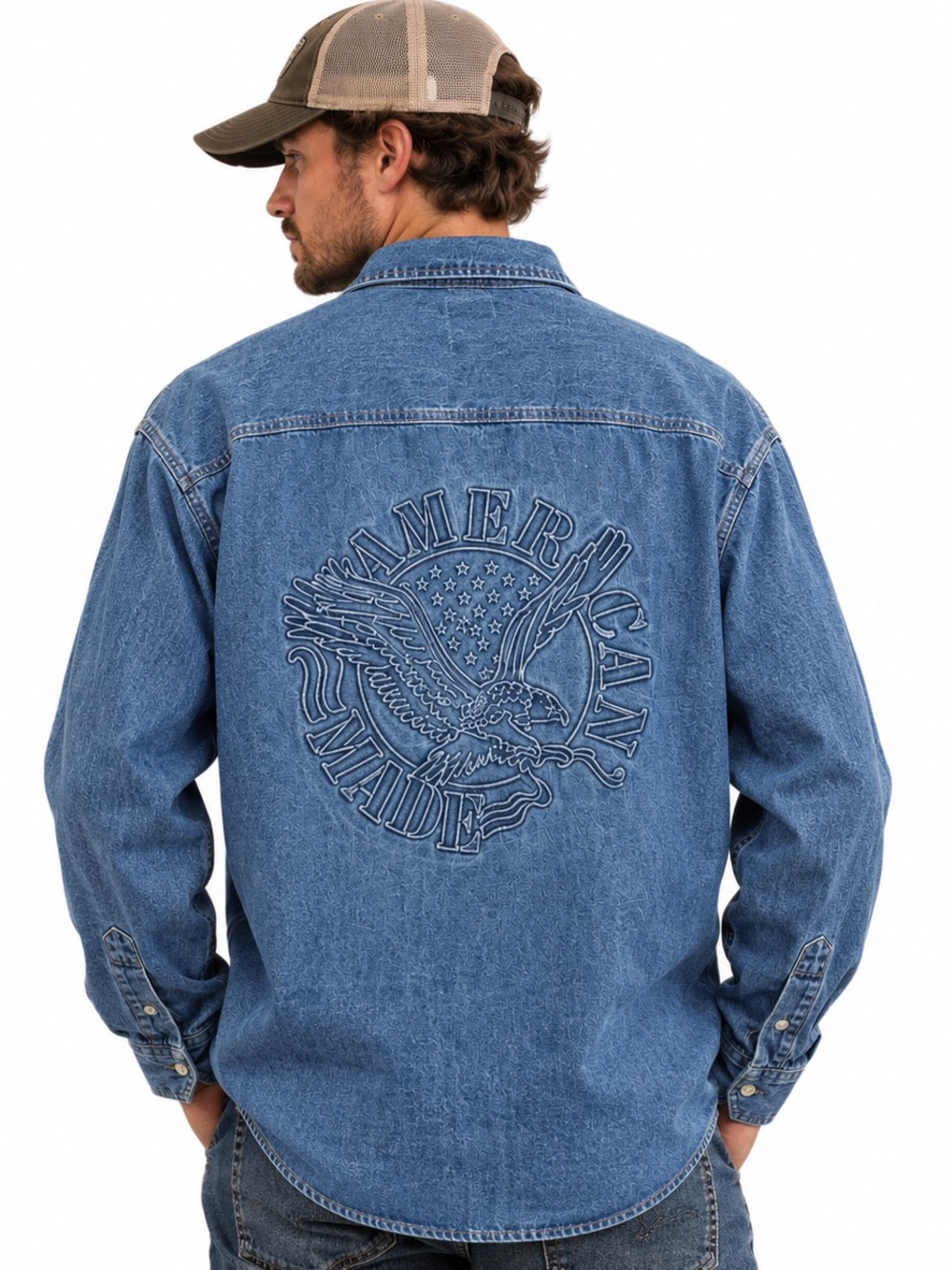 Vintage Prime Authentic Union Wear Denim Shirt American Made Embossed Eagle Sz L